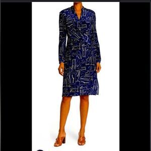 St. John 100% Silk Long Sleeve Faux Wrap Mini Dress, Artistic Pattern Blue S NWT